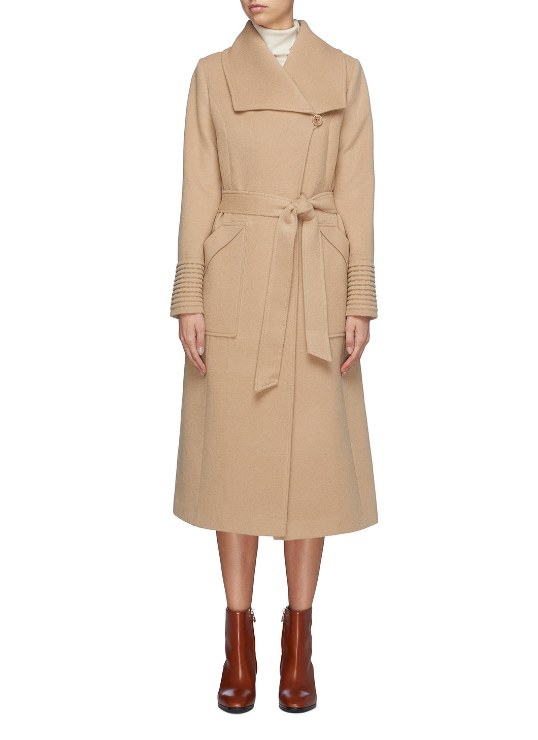 Belted ribbed cuff melton wrap coat - SENTALER - Brown