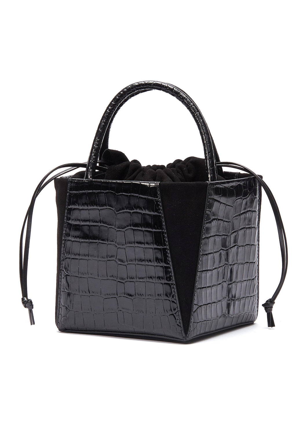 'Dorthea' suede panel croc embossed leather top handle bag - Trademark - Black