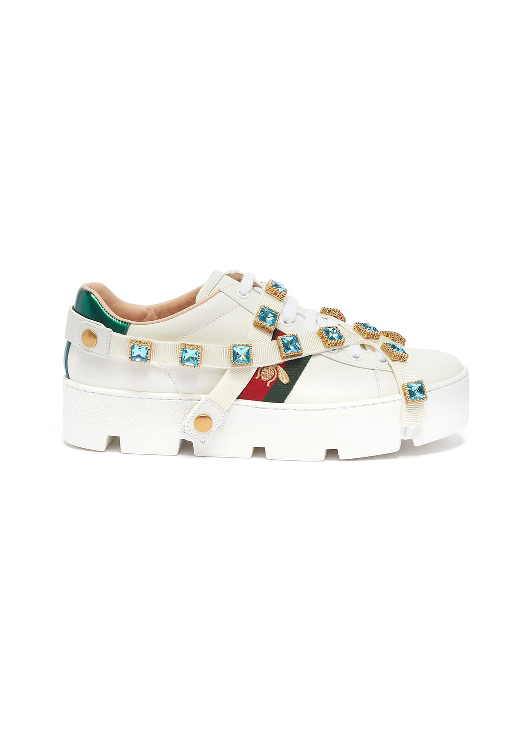 'Ace' glass crystal strap leather flatform sneakers - Gucci - White