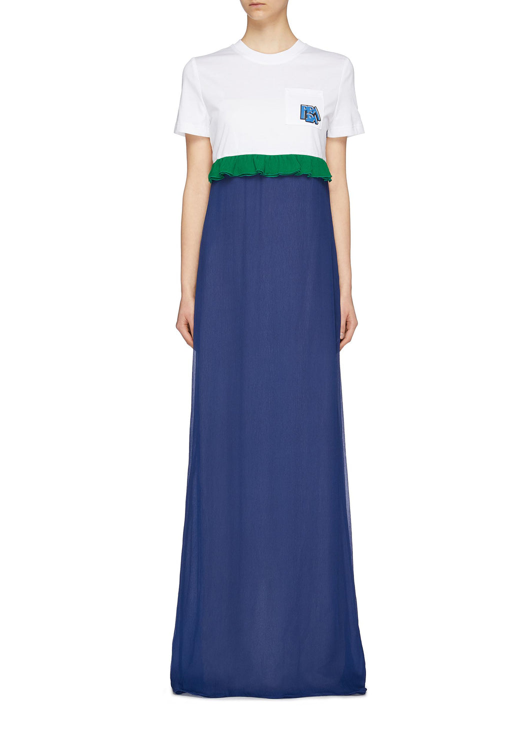 Textured logo appliqué ruffle waist colourblock maxi dress - Prada - Multi-colour