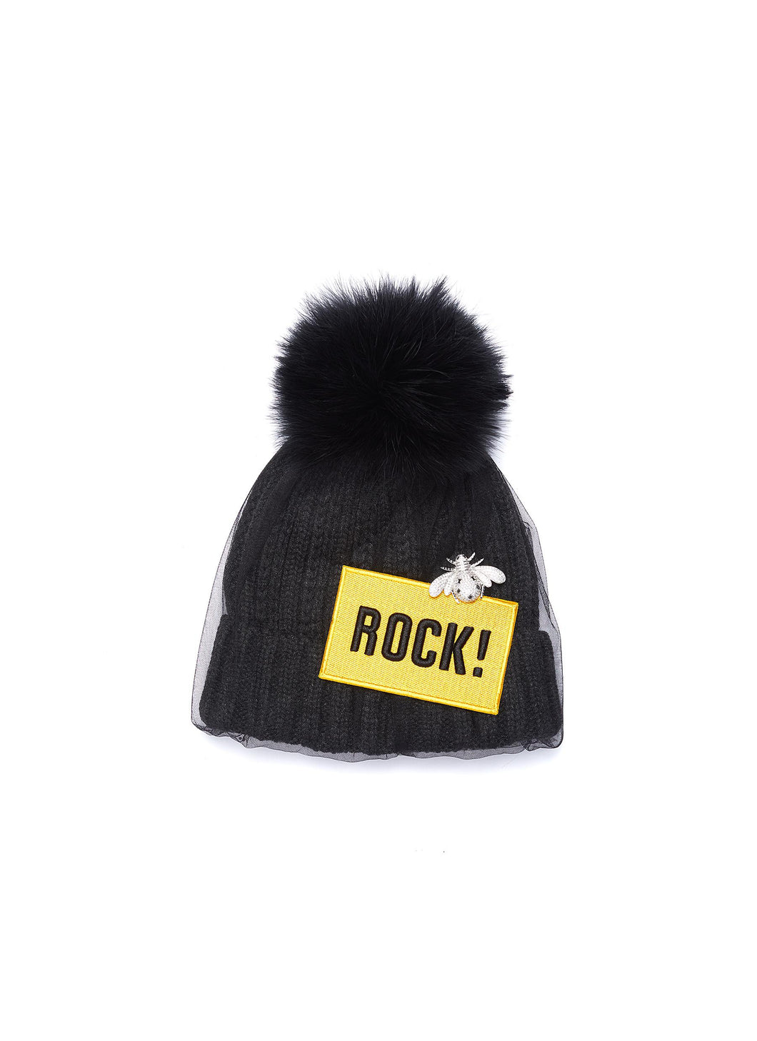 'Rock!' slogan appliqué embellished veil wool beanie - Venna - Black