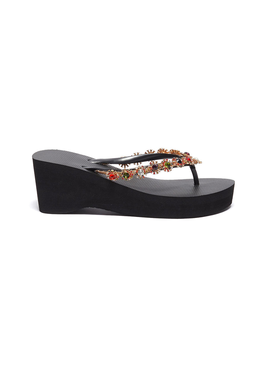 'Colorful Diana' crystal floral PVC wedge thong sandals - Uzurii - Black